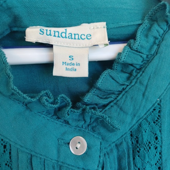 Sundance Teal Blue Cotton Pintuck Lace Ruffle Neck Blouse Small - Picture 4 of 10